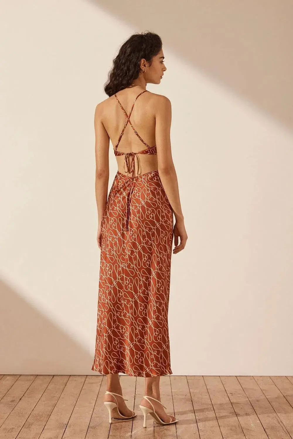 Shona Joy Artisti Silk Cut Out Tie Back Midi Dress Print Size 6  for rent on The Volte - main image