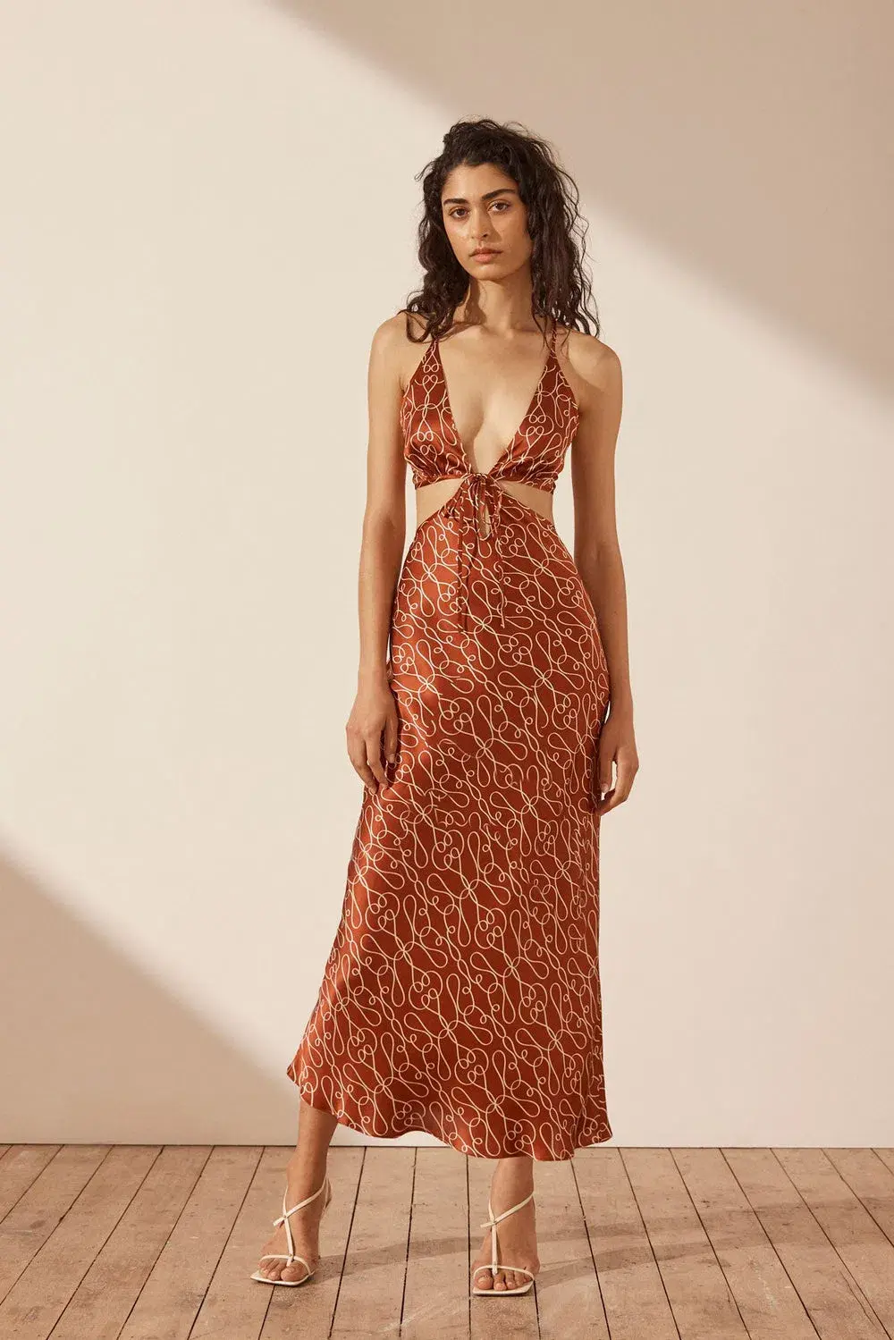 Shona Joy Artisti Silk Cut Out Tie Back Midi Dress Print Size 6  for rent on The Volte - main image