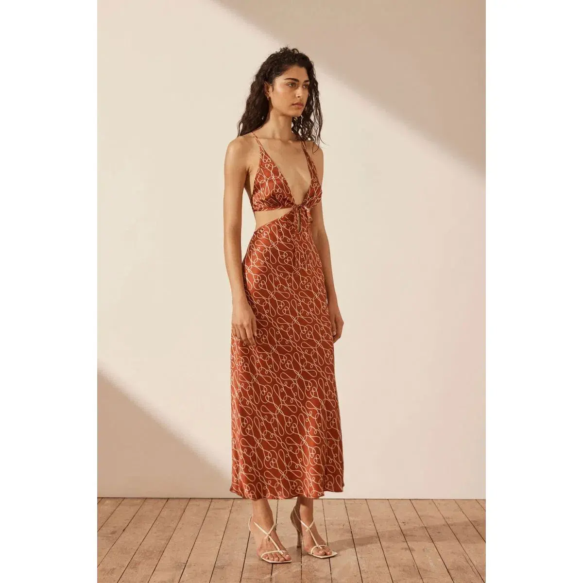 Shona Joy Artisti Silk Cut Out Tie Back Midi Dress Print Size 6  - Image 5