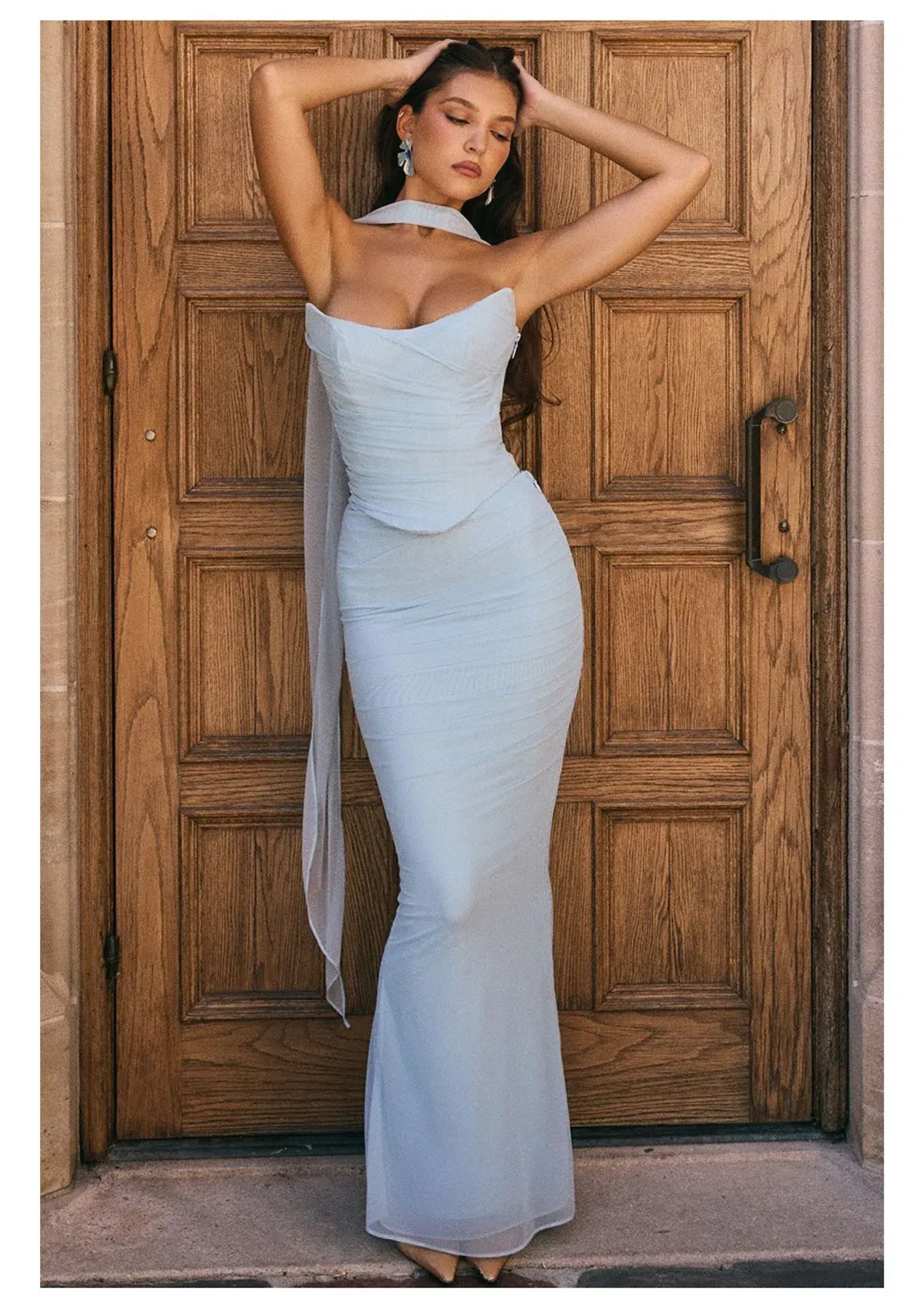 House of CB Hallie Strapless Corset With Neck Scarf and Cassidy Fluted Hem Maxi Skirt Set Bluebell Size 8 - Image 1