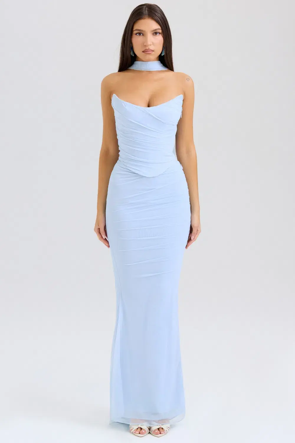 House of CB Hallie Strapless Corset With Neck Scarf and Cassidy Fluted Hem Maxi Skirt Set Bluebell Size 10 - Image 2