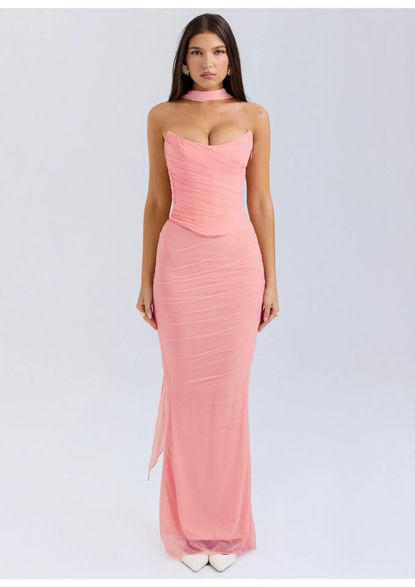 House of CB Hallie Strapless Corset With Neck Scarf and Cassidy Fluted Hem Maxi Skirt Set Peach Size 8 - Image 1
