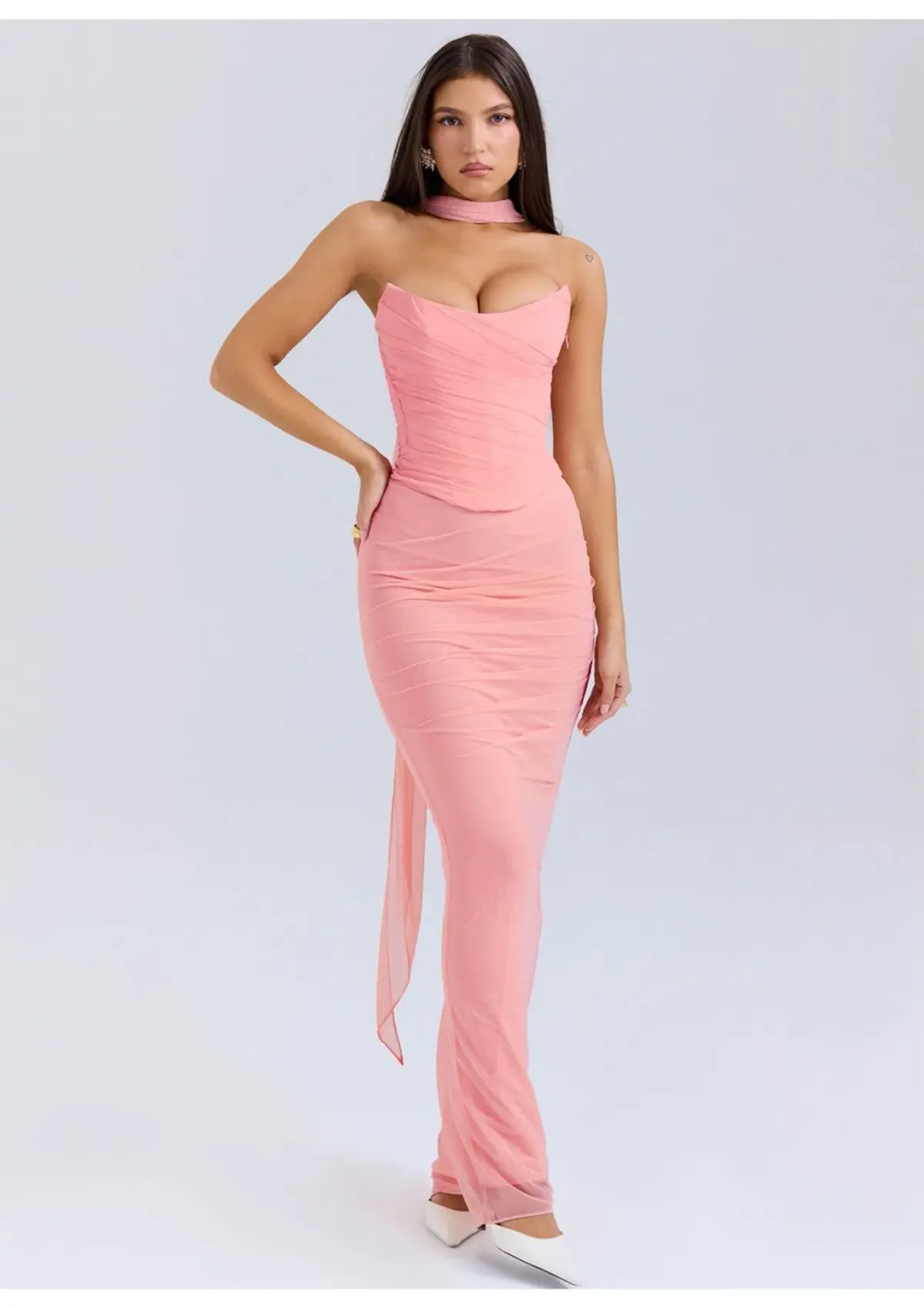 House of CB Hallie Strapless Corset With Neck Scarf and Cassidy Fluted Hem Maxi Skirt Set Peach Size 12 - Image 1