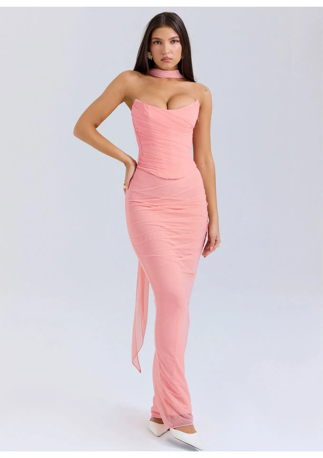 House of CB Hallie Strapless Corset With Neck Scarf and Cassidy Fluted Hem Maxi Skirt Set Peach Size 12 - Image 1