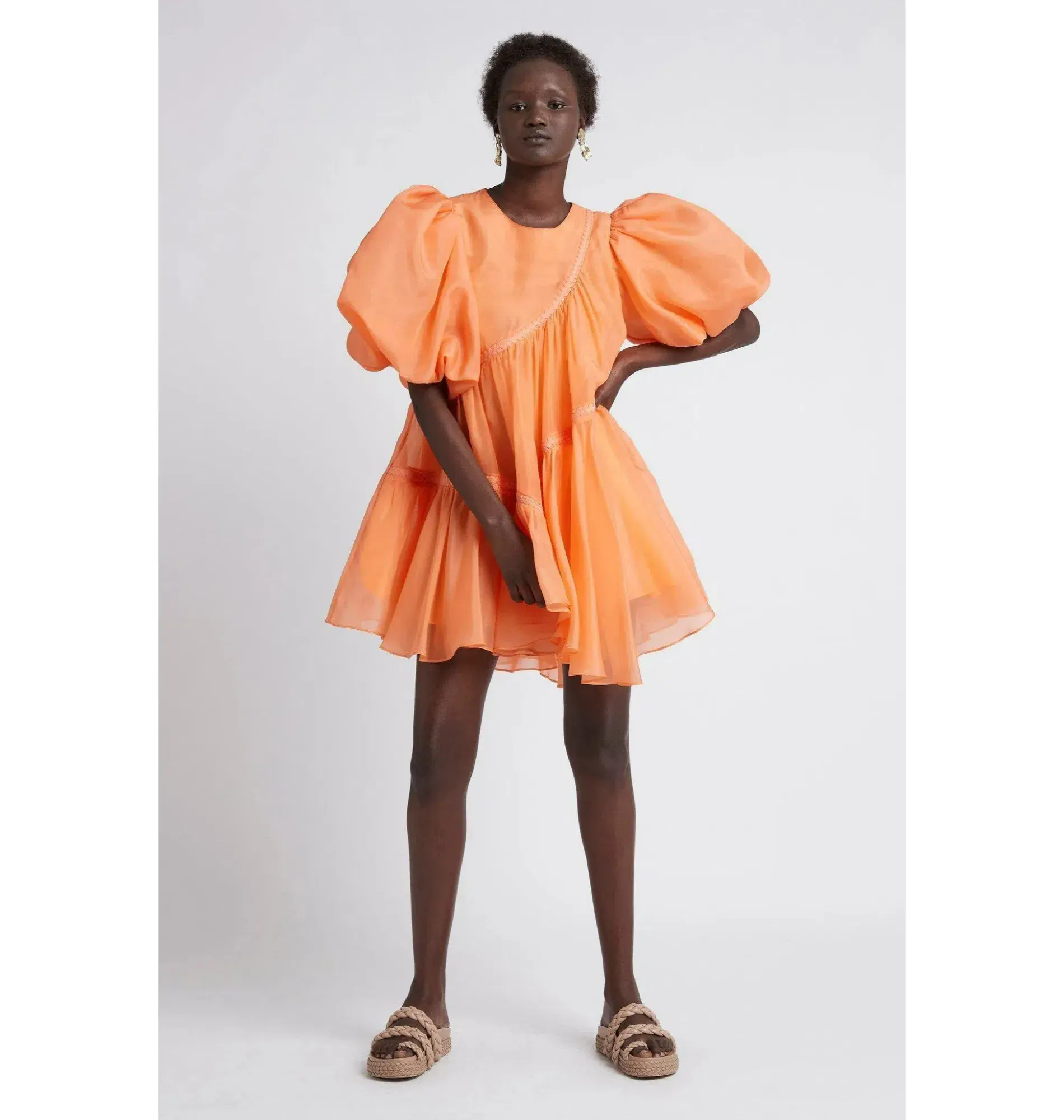Aje Riviera Asymmetric Braided Puff Sleeve Mini Smock Dress Mandarin Orange Size AU 8 - Image 1