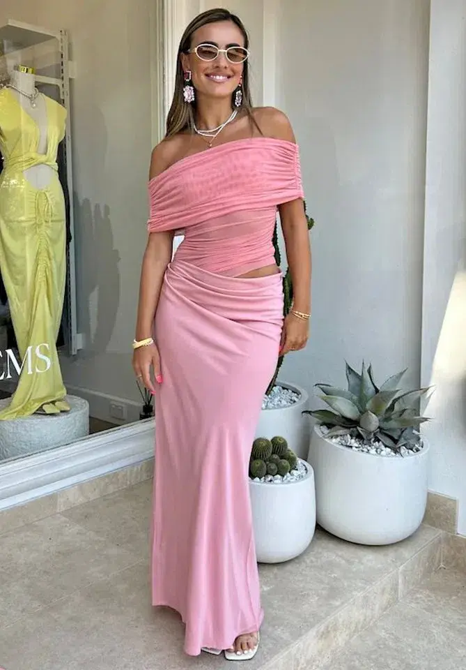 Benni Nico Off Shoulder Maxi Dress Candy Floss Pink Size AU 6 - Image 4