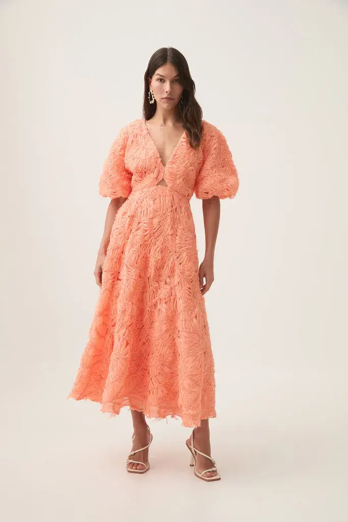 AJE Florential Textured Midi Dress Apricot Size 10 for rent on The Volte - main image