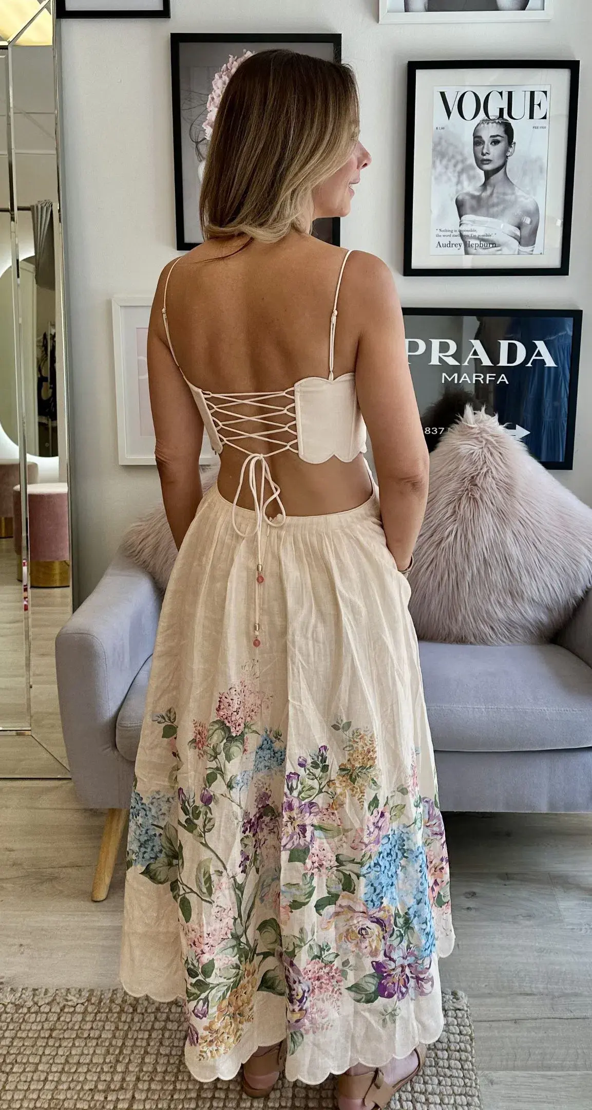 Zimmermann Halliday Scallop Midi Dress Cream Watercolour Floral Size 1 / AU 10  - Image 4