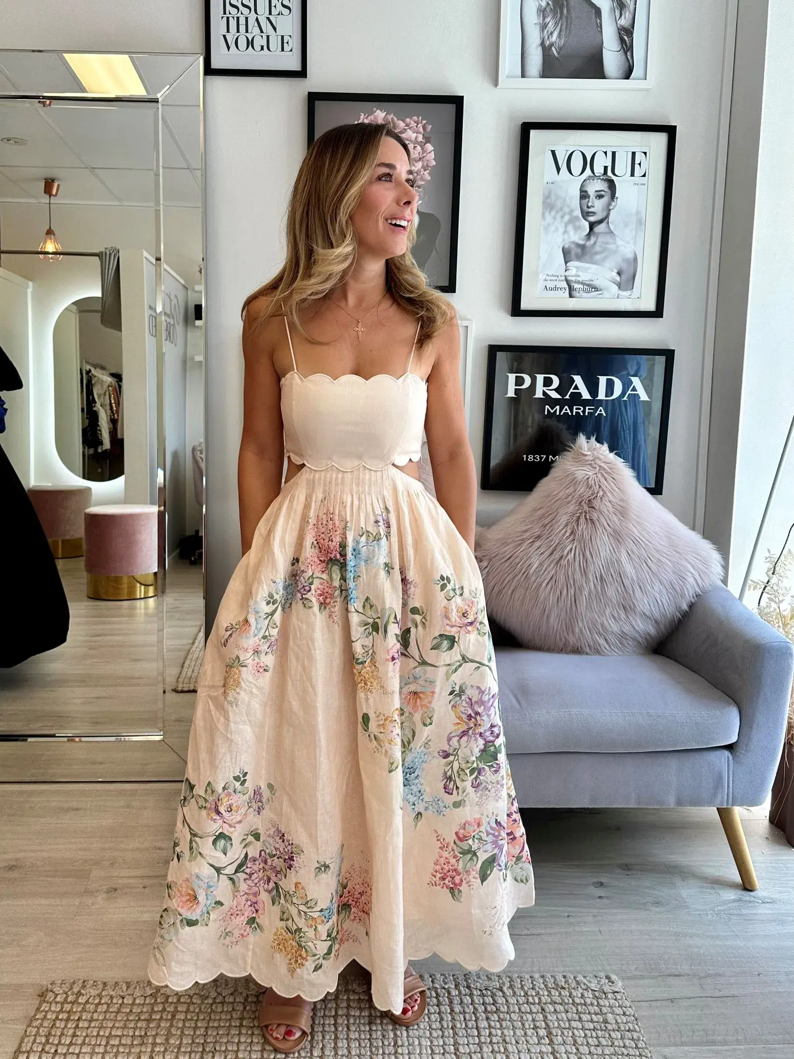 Zimmermann Halliday Scallop Midi Dress Cream Watercolour Floral Size 1 / AU 10  - Image 2