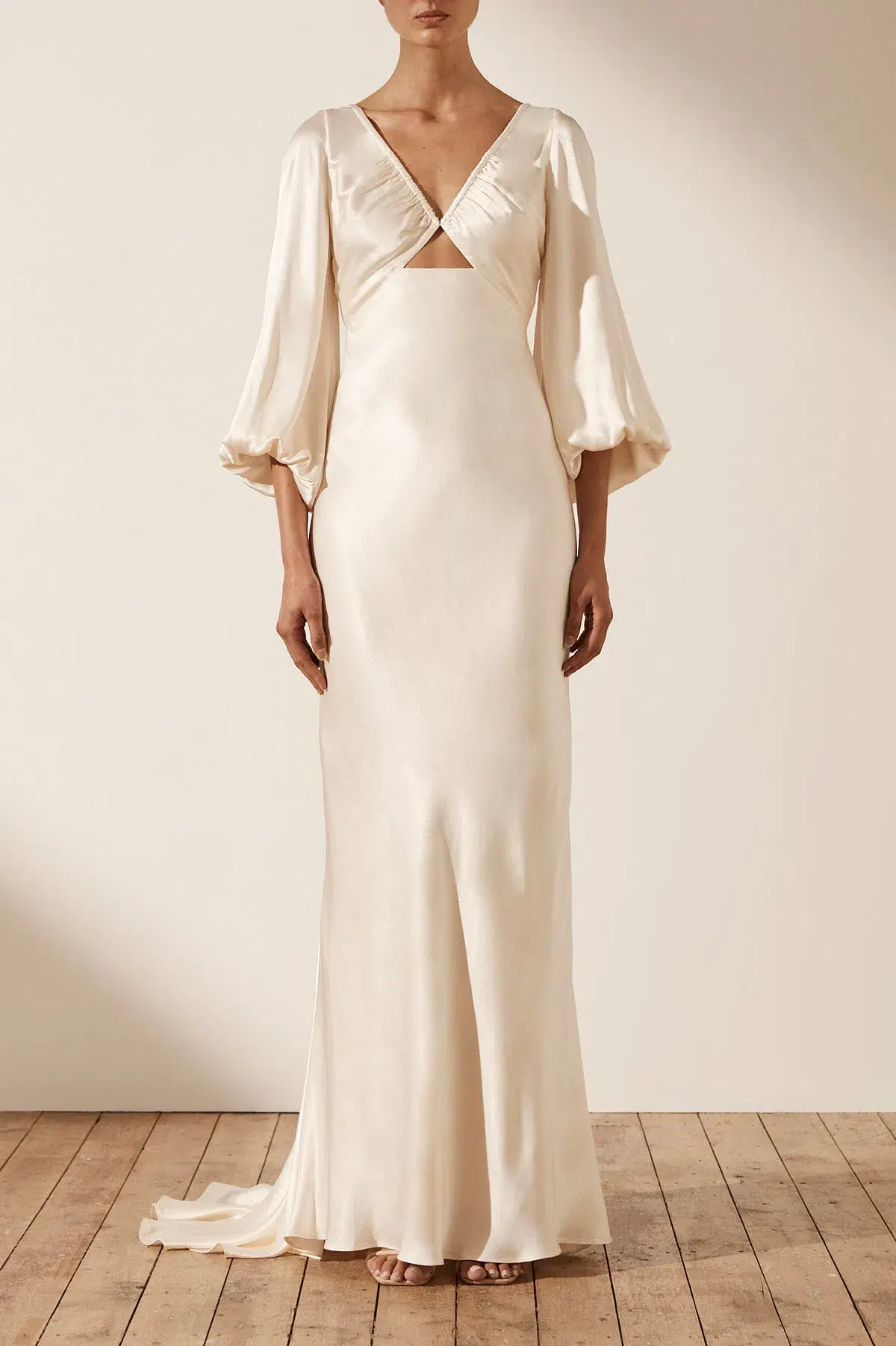 Shona Joy La Lune Ruched Bodice Balloon Sleeve Maxi Dress in Cream Size 8 - Image 1