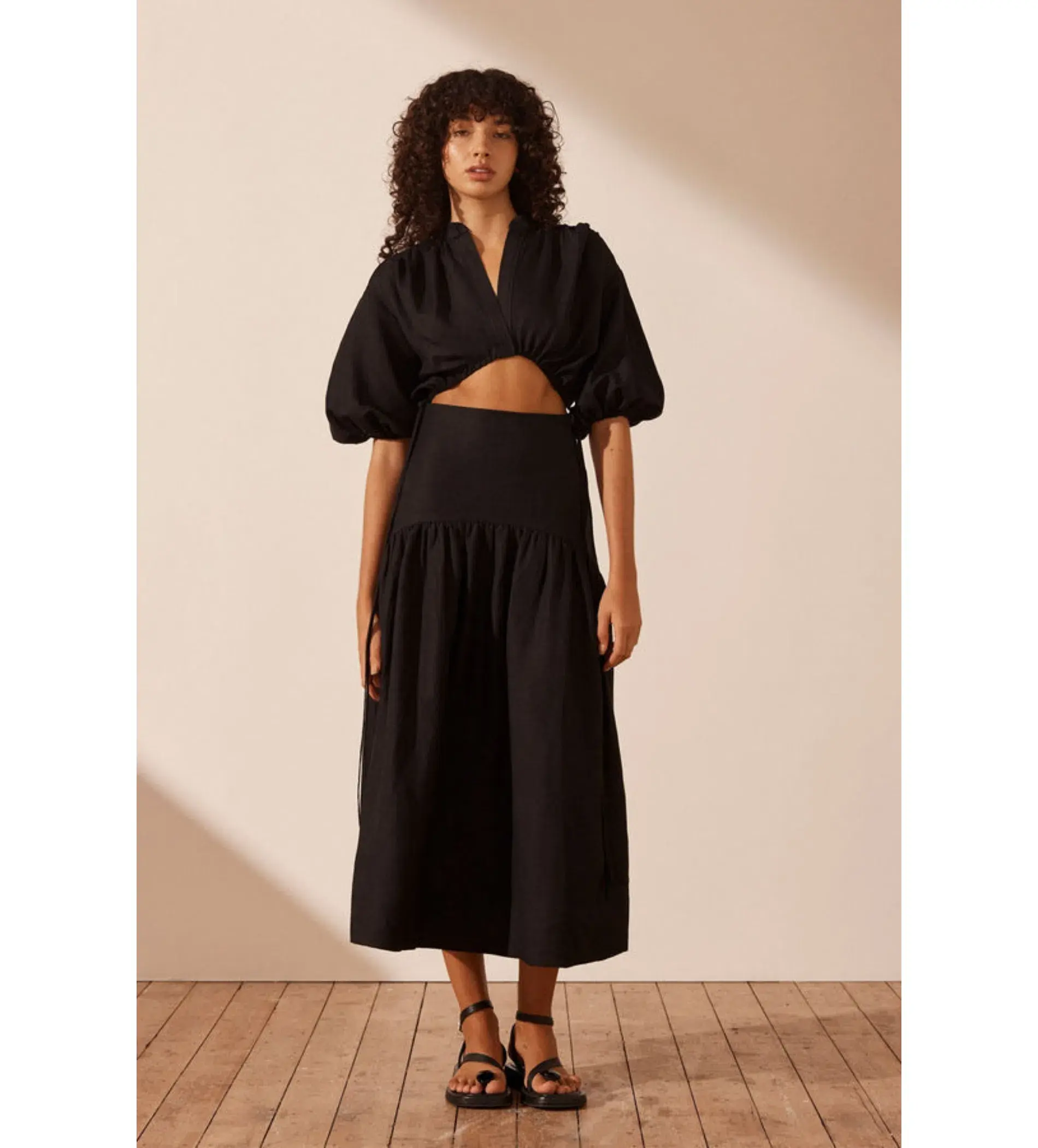 Shona Joy Mare Linen Deconstructed Midi Dress Black Size 8  - Image 1