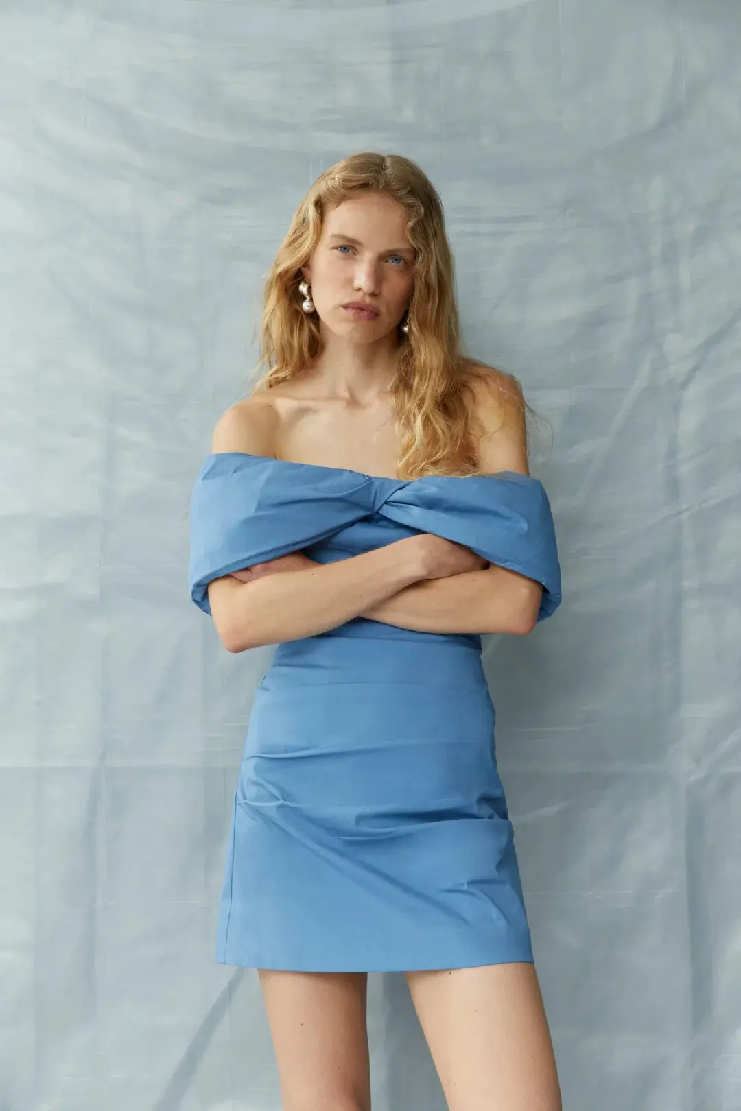 Sir the Label Jones Off Shoulder Mini Dress in Washed Blue Size 1 / AU 8 for rent on The Volte - main image