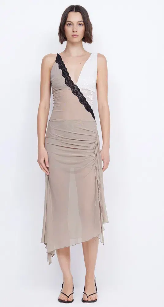 Bec & Bridge Abrielle Asym Midi Dress Taupe/Ivory Size 10 - Image 4