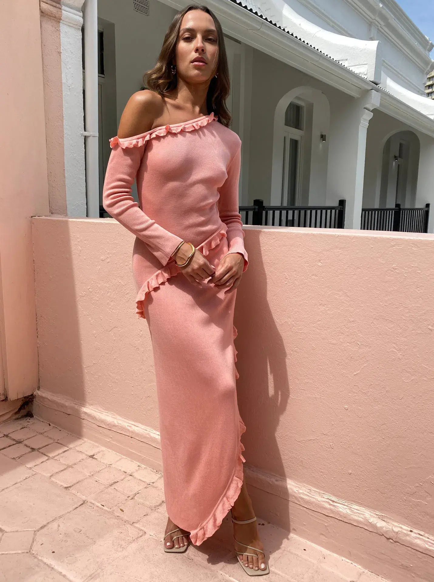 Issy Off Shoulder Ruffle Maxi Dress In Pink Size 12 - Image 1