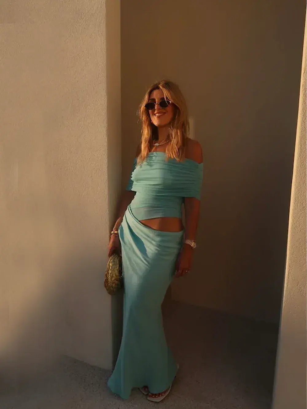 Benni Nico Off Shoulder Maxi Dress Aquamarine Size 8 - Image 1
