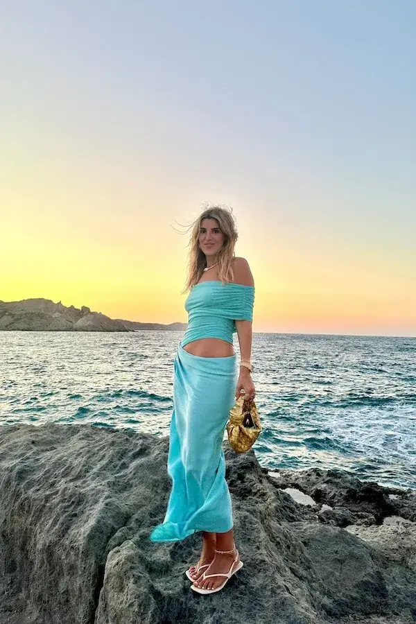 Benni Nico Off Shoulder Maxi Dress Aquamarine Size 8 for rent on The Volte - main image