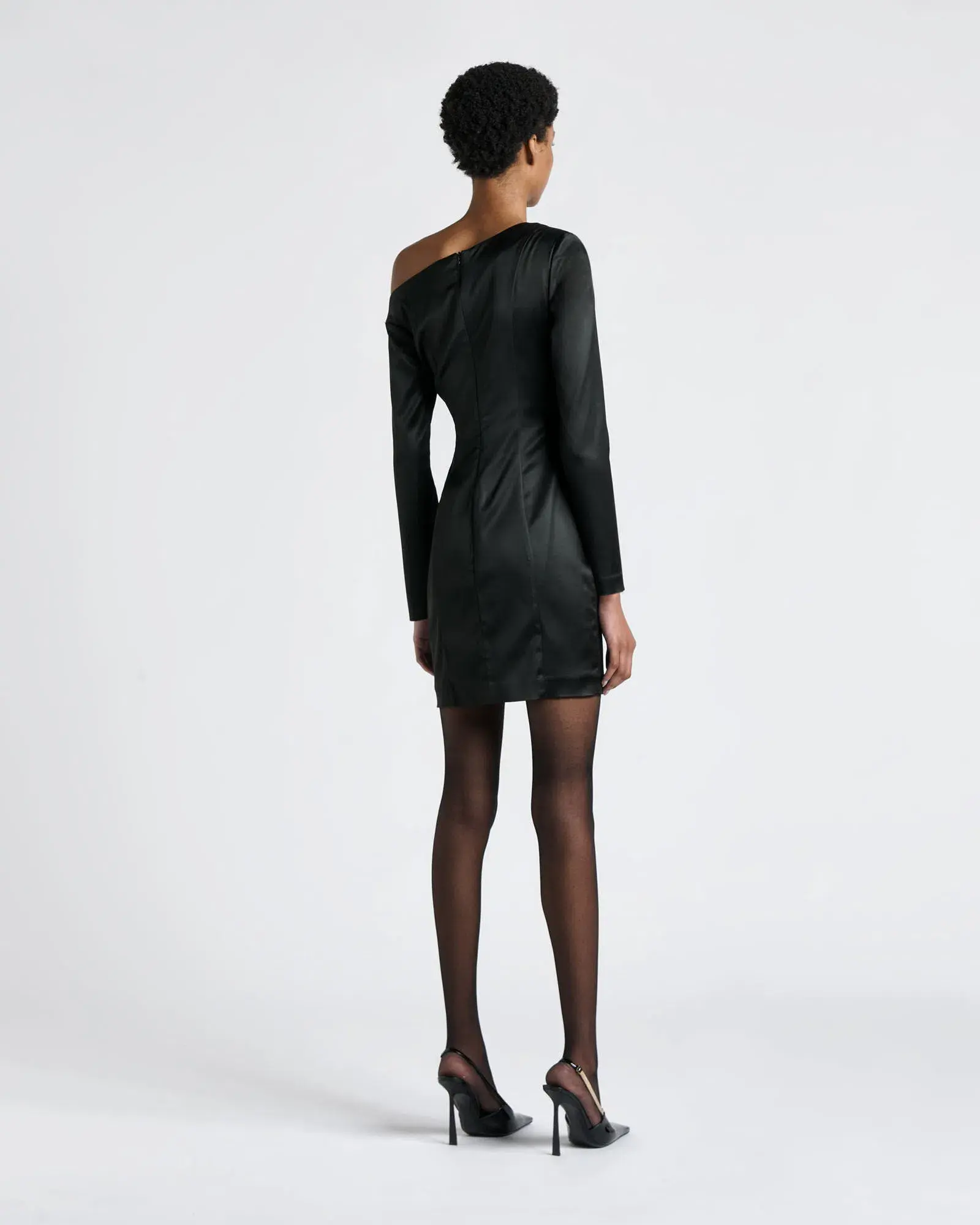 Cue Stretch Satin Off Shoulder Mini Dress Black Size AU 10 - Image 3