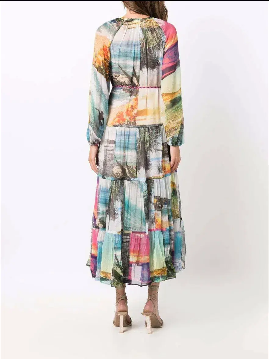 Zimmermann Shelly Tiered Tie Midi Dress Patched Posters Size 0 / AU 8 - Image 3