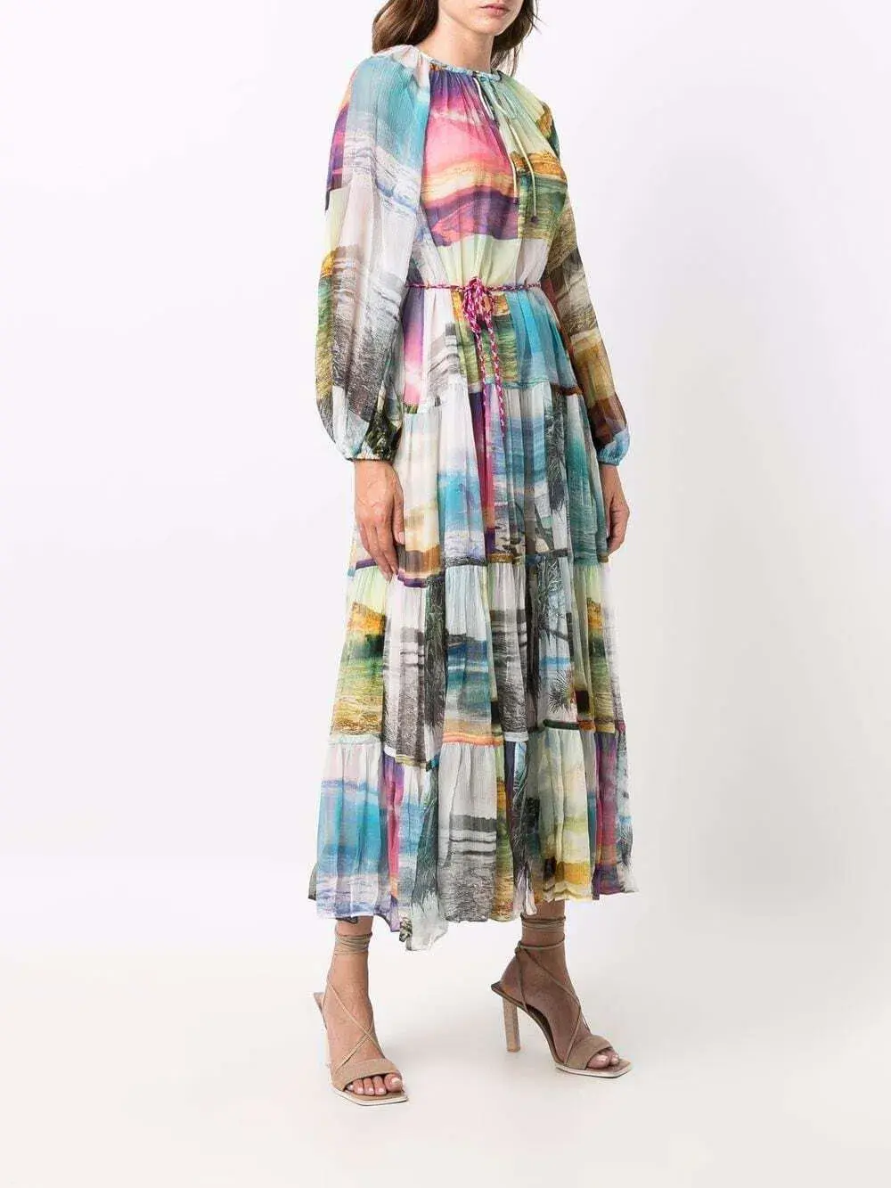 Zimmermann Shelly Tiered Tie Midi Dress Patched Posters Size 0 / AU 8 - Image 2