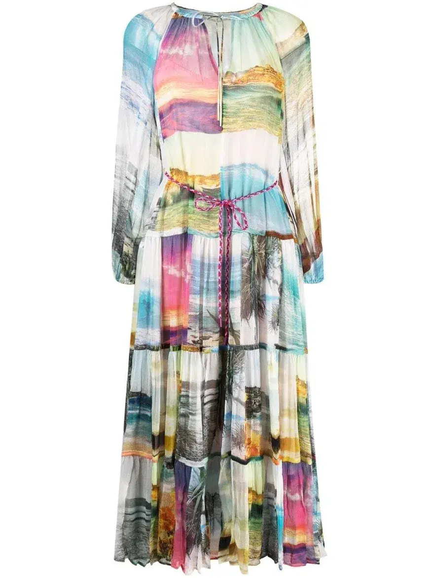 Zimmermann Shelly Tiered Tie Midi Dress Patched Posters Size 0 / AU 8 - Image 4