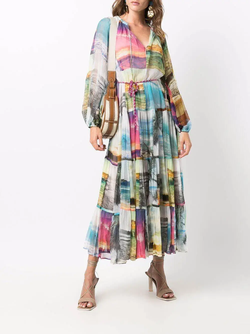 Zimmermann Shelly Tiered Tie Midi Dress Patched Posters Size 0 / AU 8 - Image 1