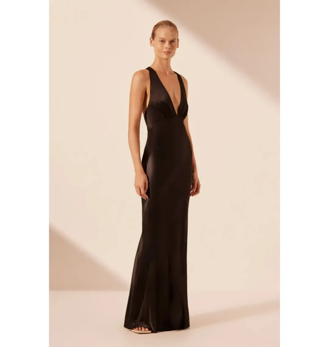 Shona Joy La Lune Plunged Cross-Back Gown Black Size AU 8 for rent on The Volte - main image