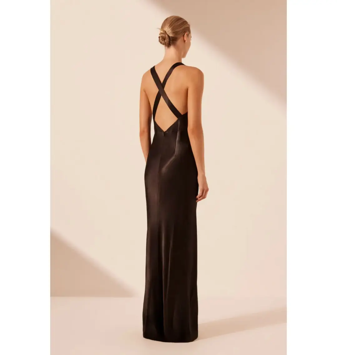 Shona Joy La Lune Plunged Cross-Back Gown Black Size AU 8 for rent on The Volte - main image