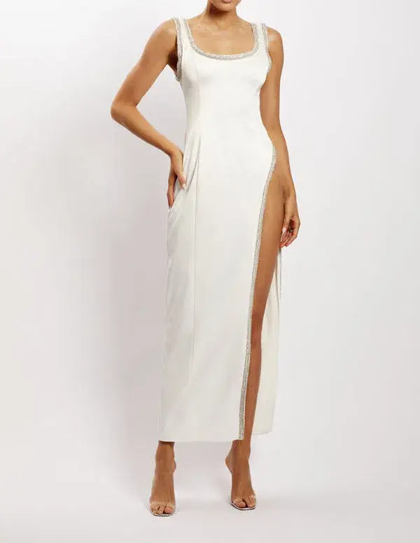 Meshki Diamante Trim High Split Midi Dress in White Size 10 - Image 1