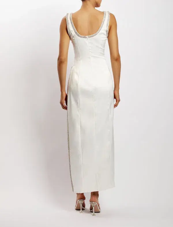 Meshki Diamante Trim High Split Midi Dress in White Size 10 - Image 3