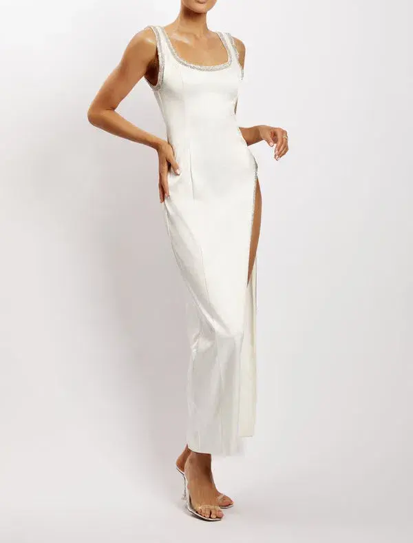 Meshki Diamante Trim High Split Midi Dress in White Size 10 - Image 2