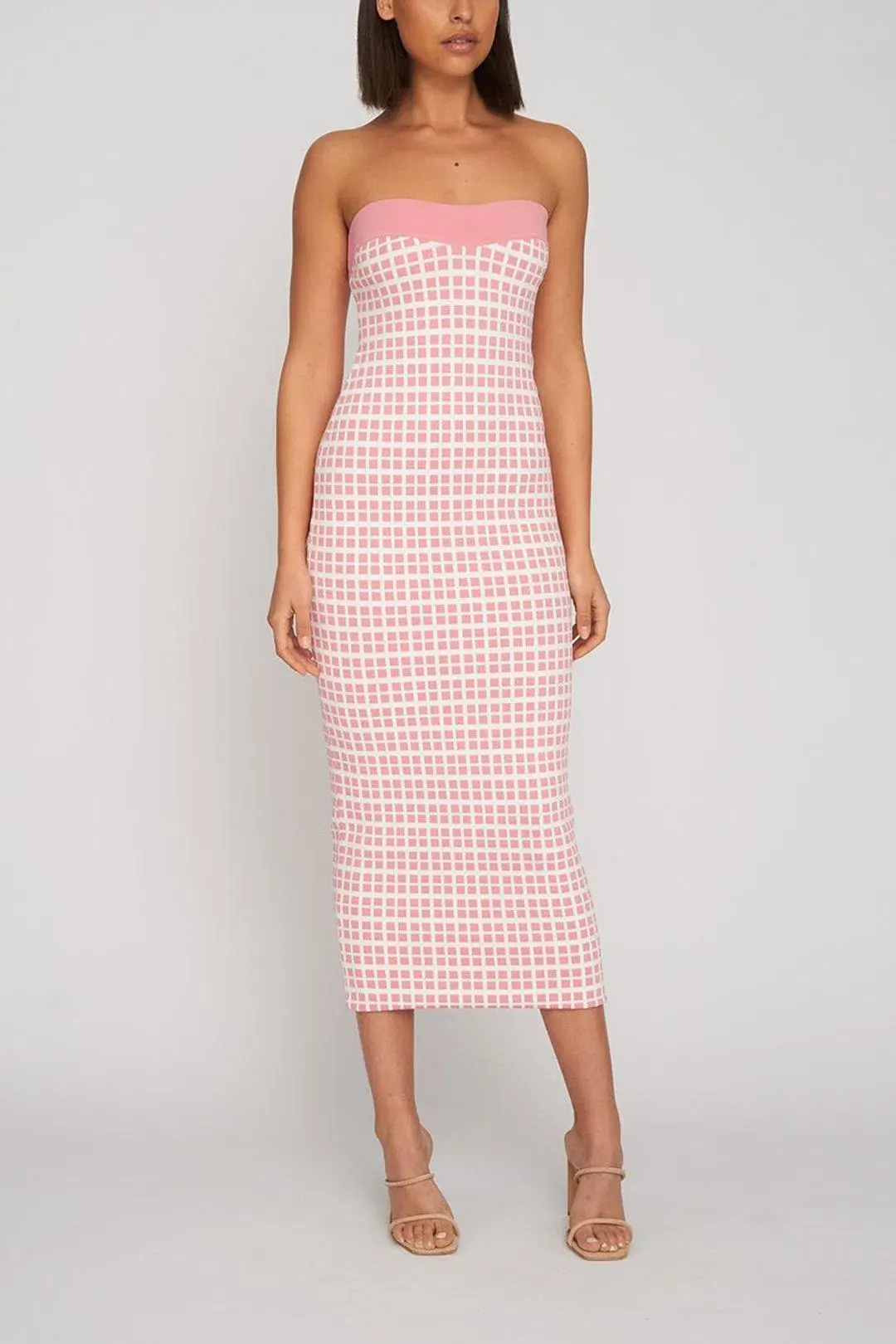 By Johnny Isabella Check Knit Midi Dress in Pink Size 8 - Image 1