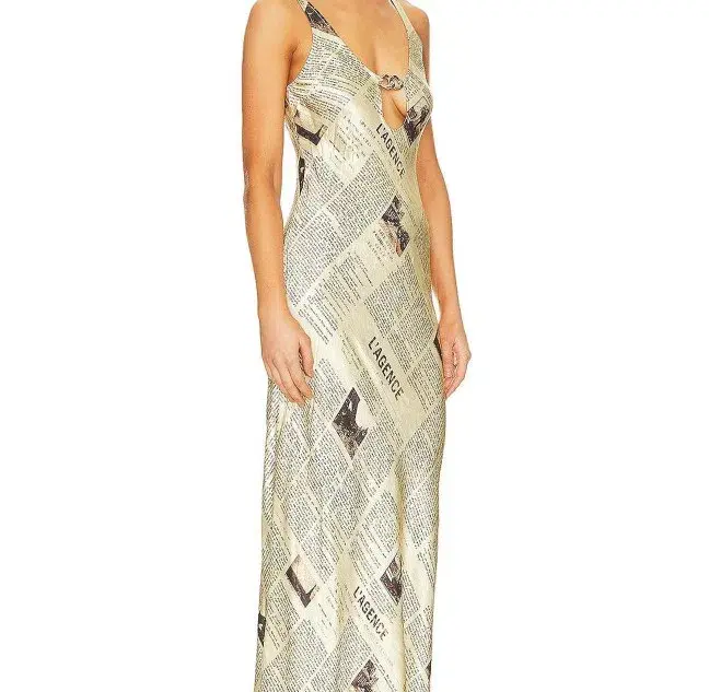 L'agence Yasmin Chain Cut Out Dress In Vintage Tan Newspaper Size 8  - Image 7