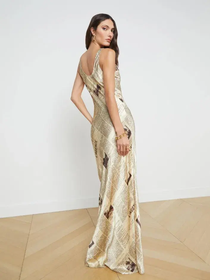 L'agence Yasmin Chain Cut Out Dress In Vintage Tan Newspaper Size 8  - Image 2