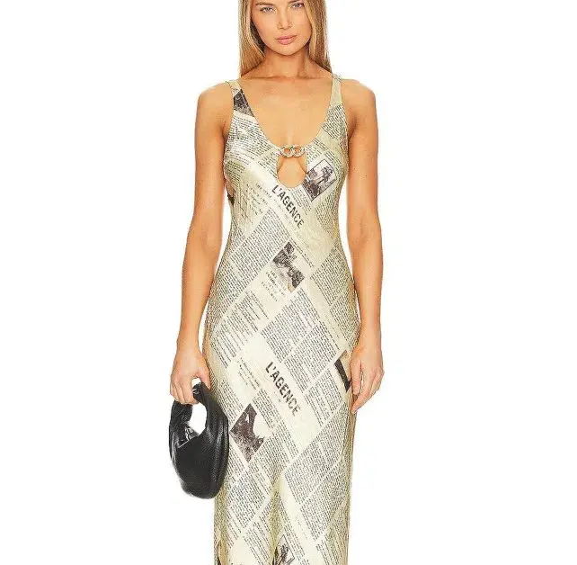 L'agence Yasmin Chain Cut Out Dress In Vintage Tan Newspaper Size 8  - Image 6