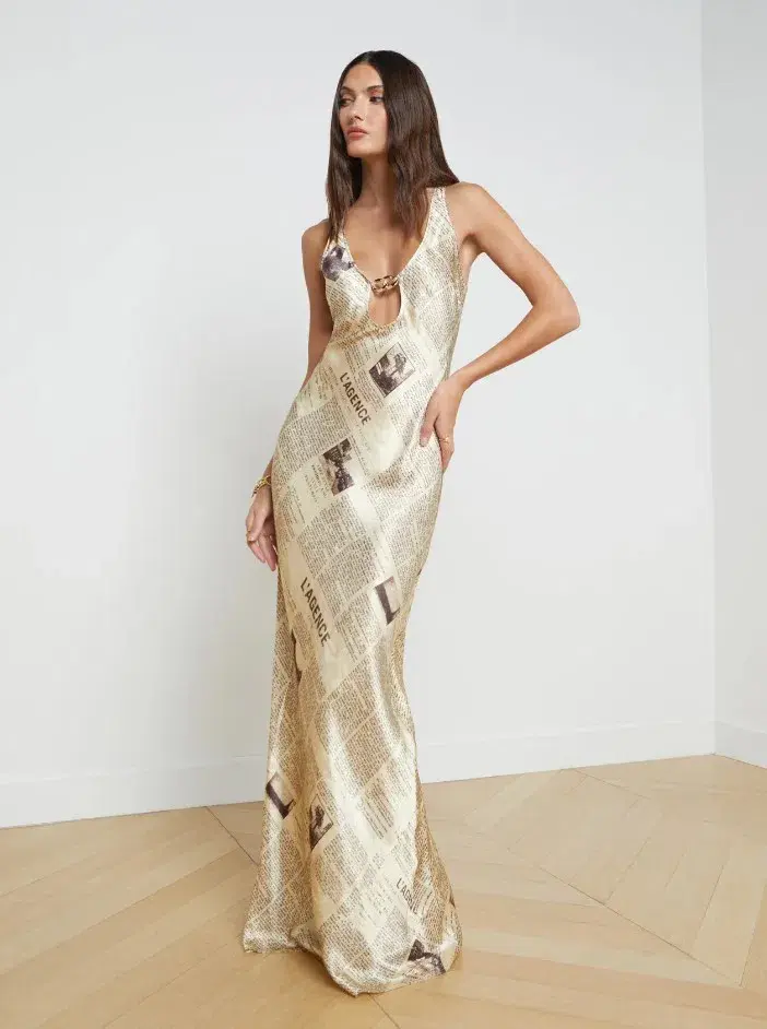 L'agence Yasmin Chain Cut Out Dress In Vintage Tan Newspaper Size 8  - Image 1