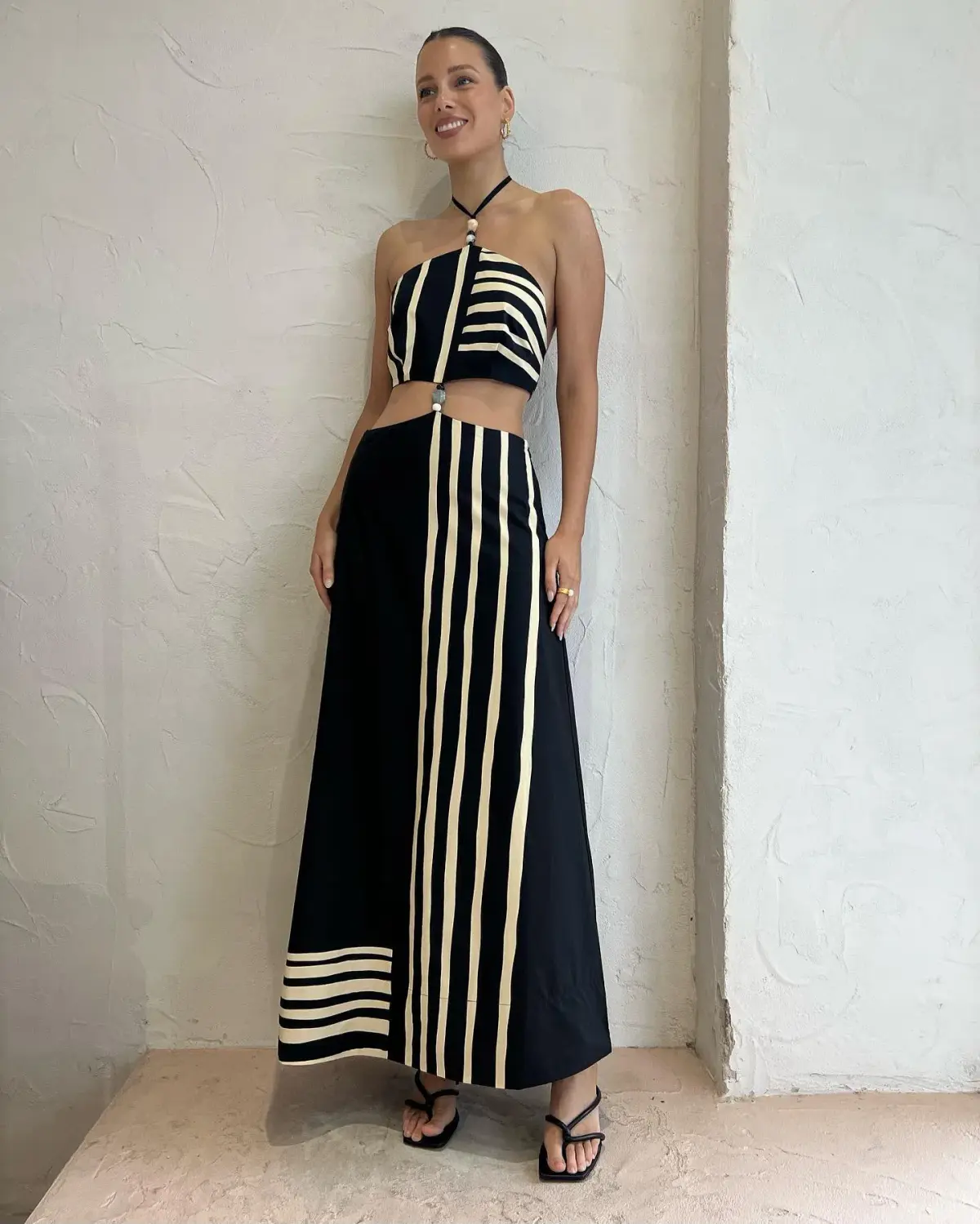 Sir the Label Linocut Beaded Halter Maxi Dress Ligne Print Size 8 - Image 1