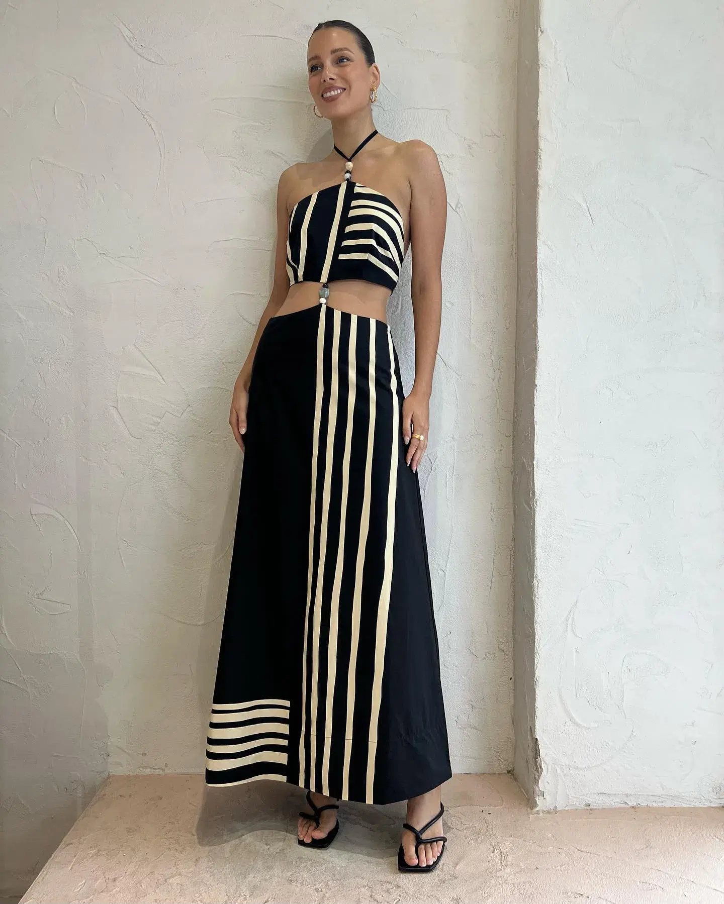Sir the Label Linocut Beaded Halter Maxi Dress Ligne Print Size 8 - Image 1