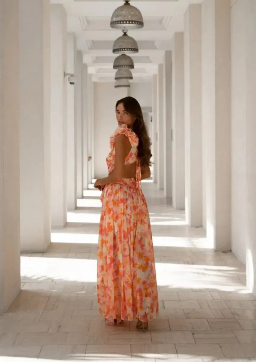 Anne Louise Boutique Floral Maxi Dress Orange Fuchsia Size XS / AU 6 for rent on The Volte - main image