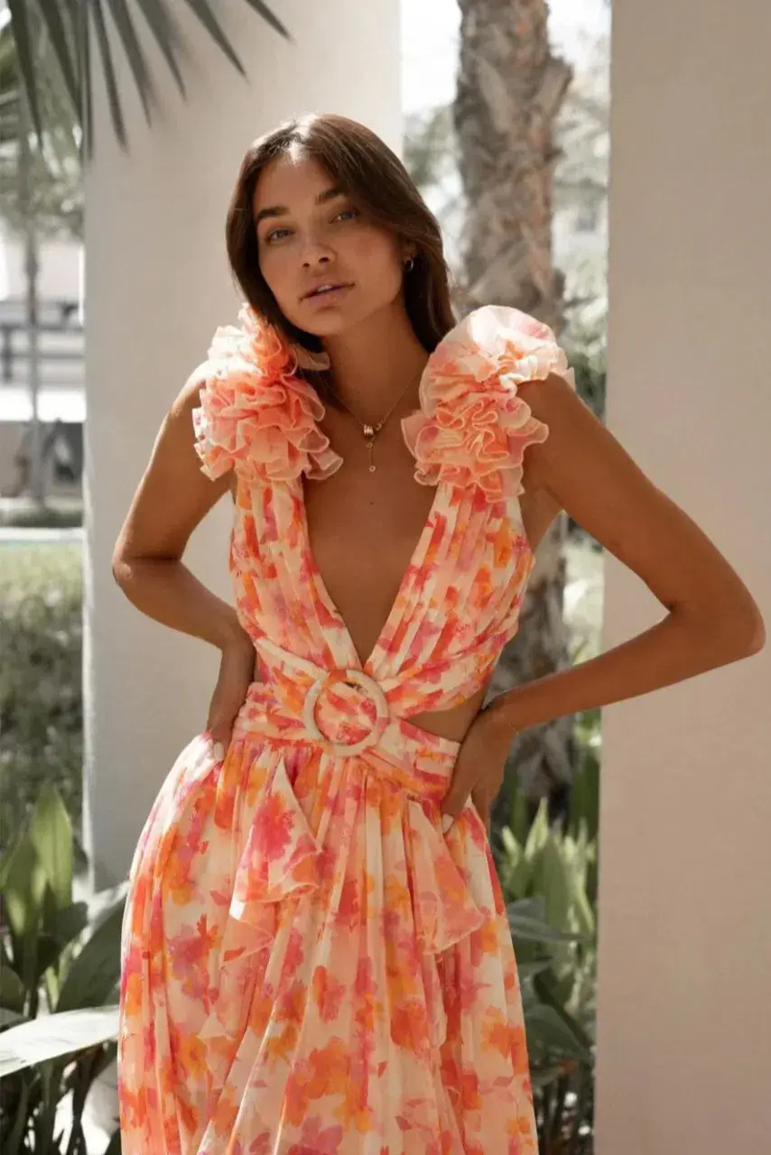 Anne Louise Boutique Floral Maxi Dress Orange Fuchsia Size XS / AU 6 for rent on The Volte - main image