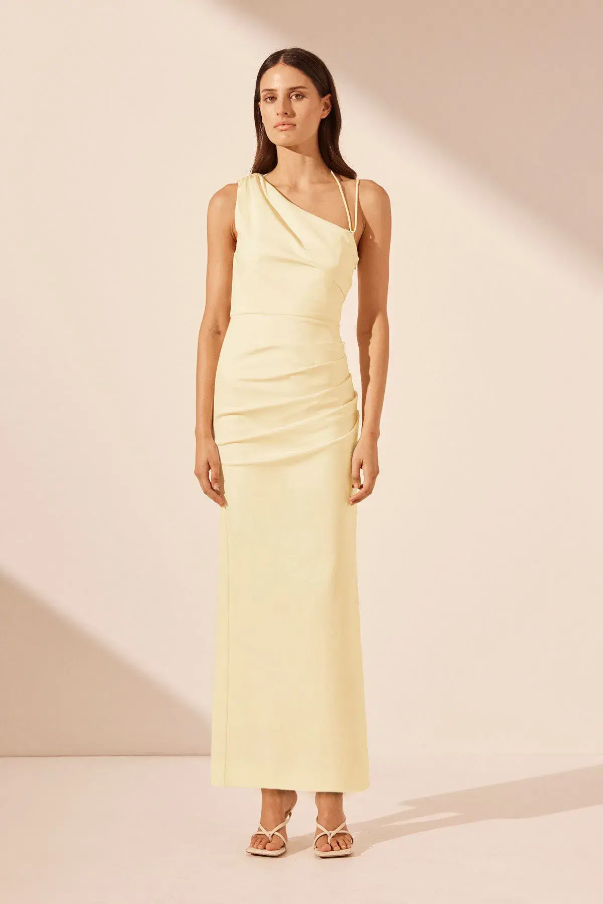 Shona Joy Lani Asymmetrical Gathered Midi Dress in Vanilla Size AU 6 - Image 1