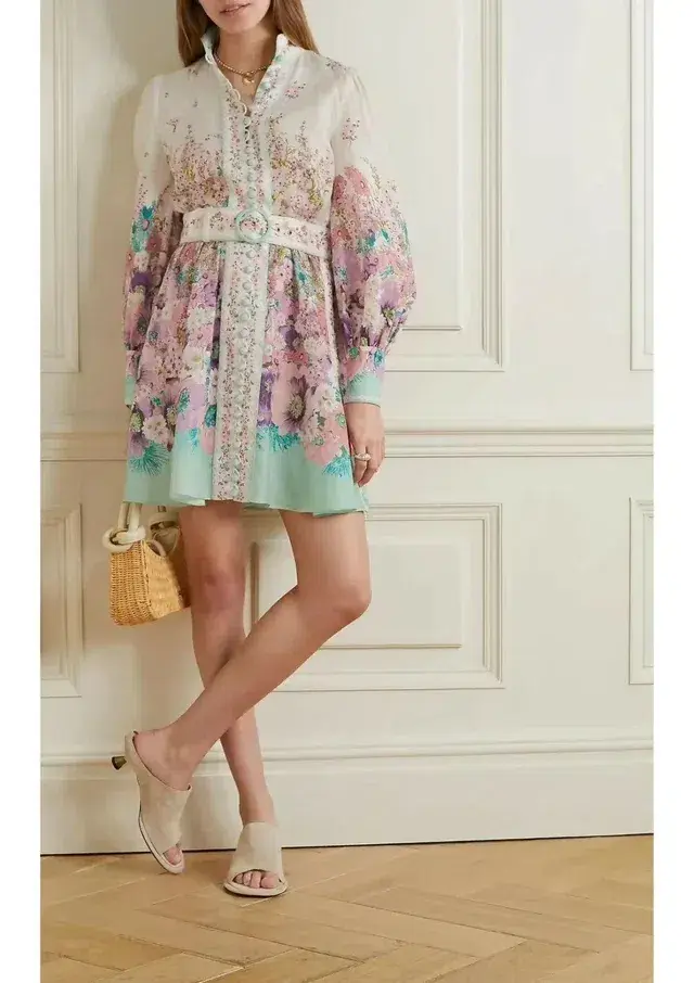 Zimmermann Jude Buttoned Mini Dress In Aqua Gradient Floral Size 3 / Au 14 - Image 1