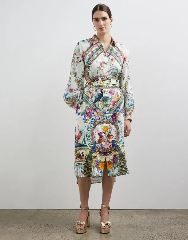 Camilla High Low Midi Linen Shirt Dress Plumes and Parterres Size AU 14 - Image 1