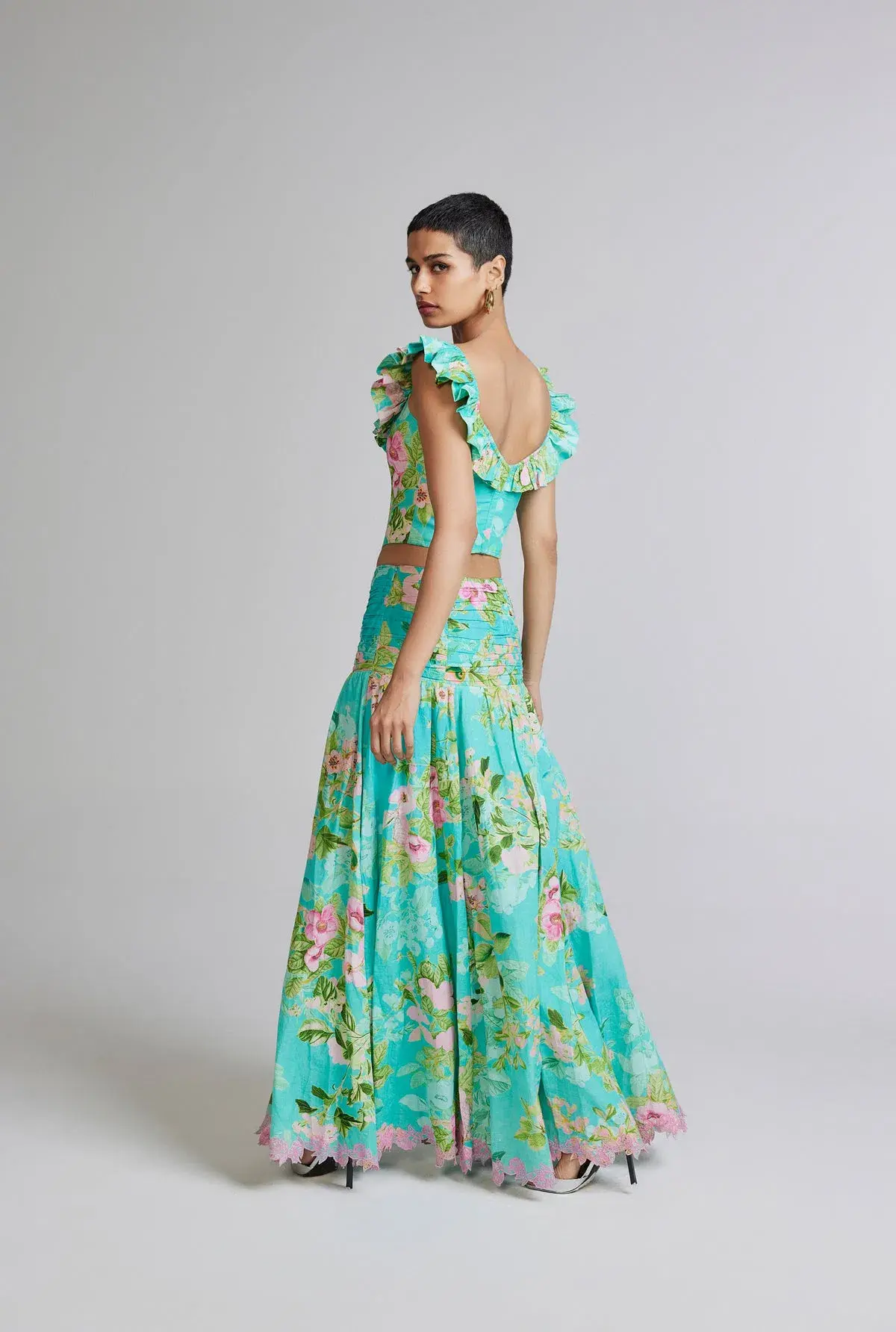 Hemant and Nandita Azra Corset Top and Maxi Skirt Set Green Floral Size 8 - Image 4