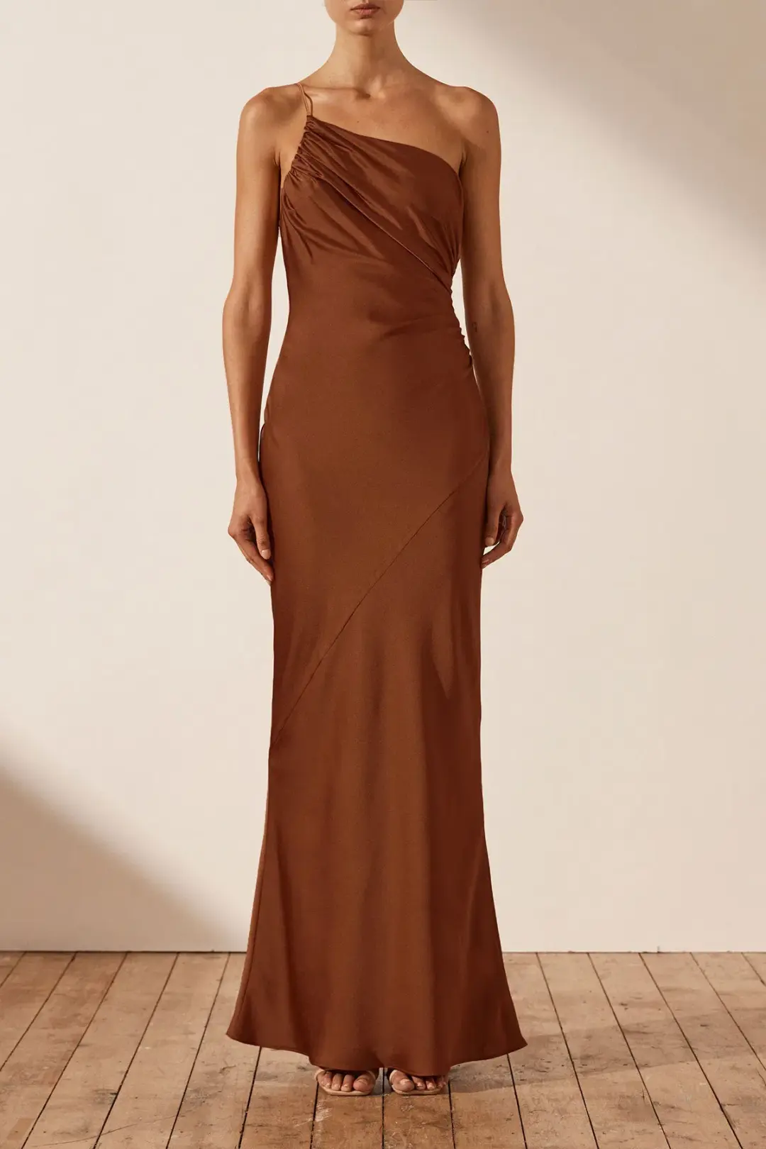 Shona Joy Luxe Asymmetrical Gathered Maxi Dress in Mocha Size 8 for rent on The Volte - main image