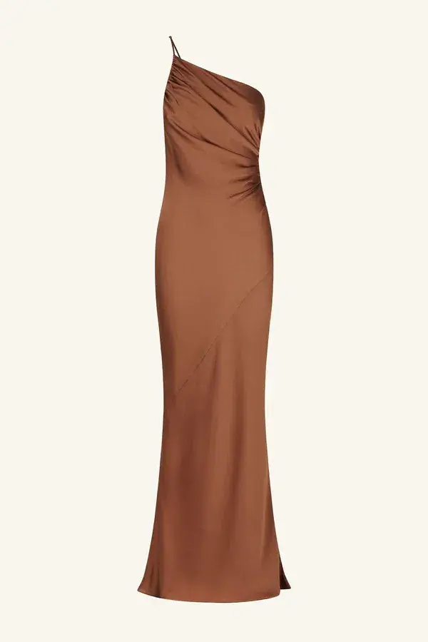 Shona Joy Luxe Asymmetrical Gathered Maxi Dress in Mocha Size 8 for rent on The Volte - main image