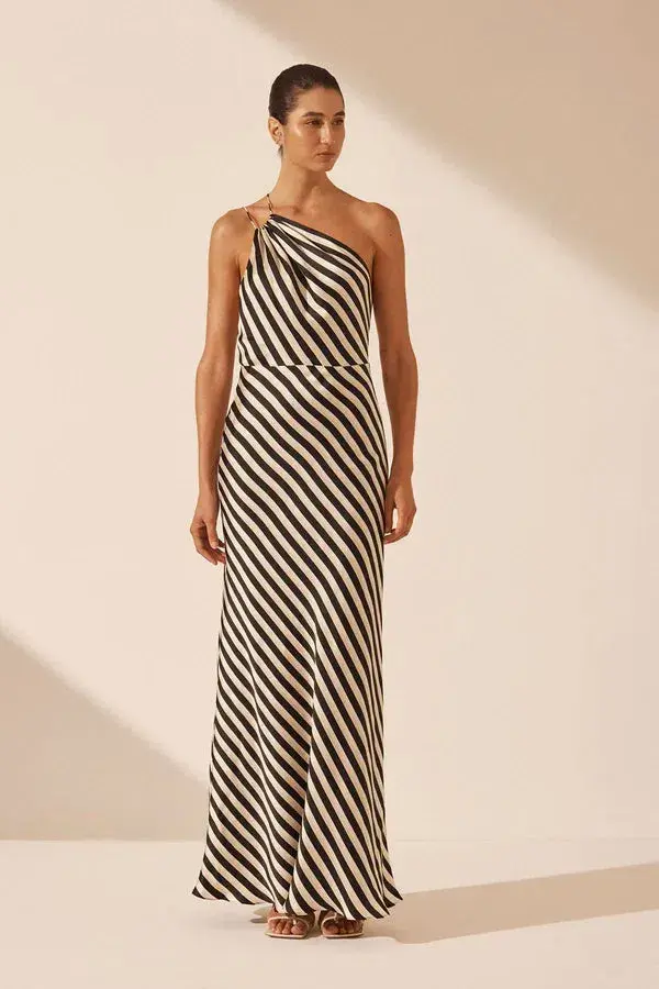 Shona Joy Escalet Silk One Shoulder Open Back Maxi Dress Black/Cream Size 8 - Image 4