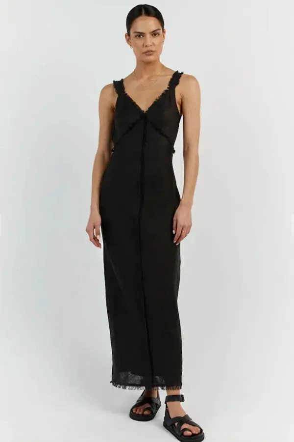 Dissh Georgie Linen Fringe Midi Dress Black Size 6 - Image 2