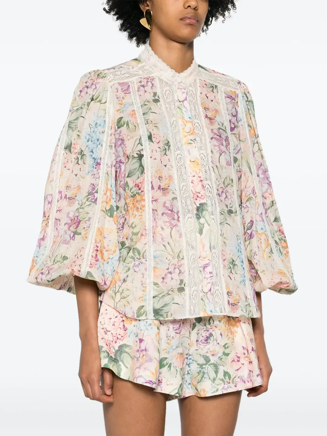 Zimmermann Halliday Lace Trim Shirt and Tuck Shorts Set Multi Watercolour Floral Size 0 / AU 8 for rent on The Volte - main image