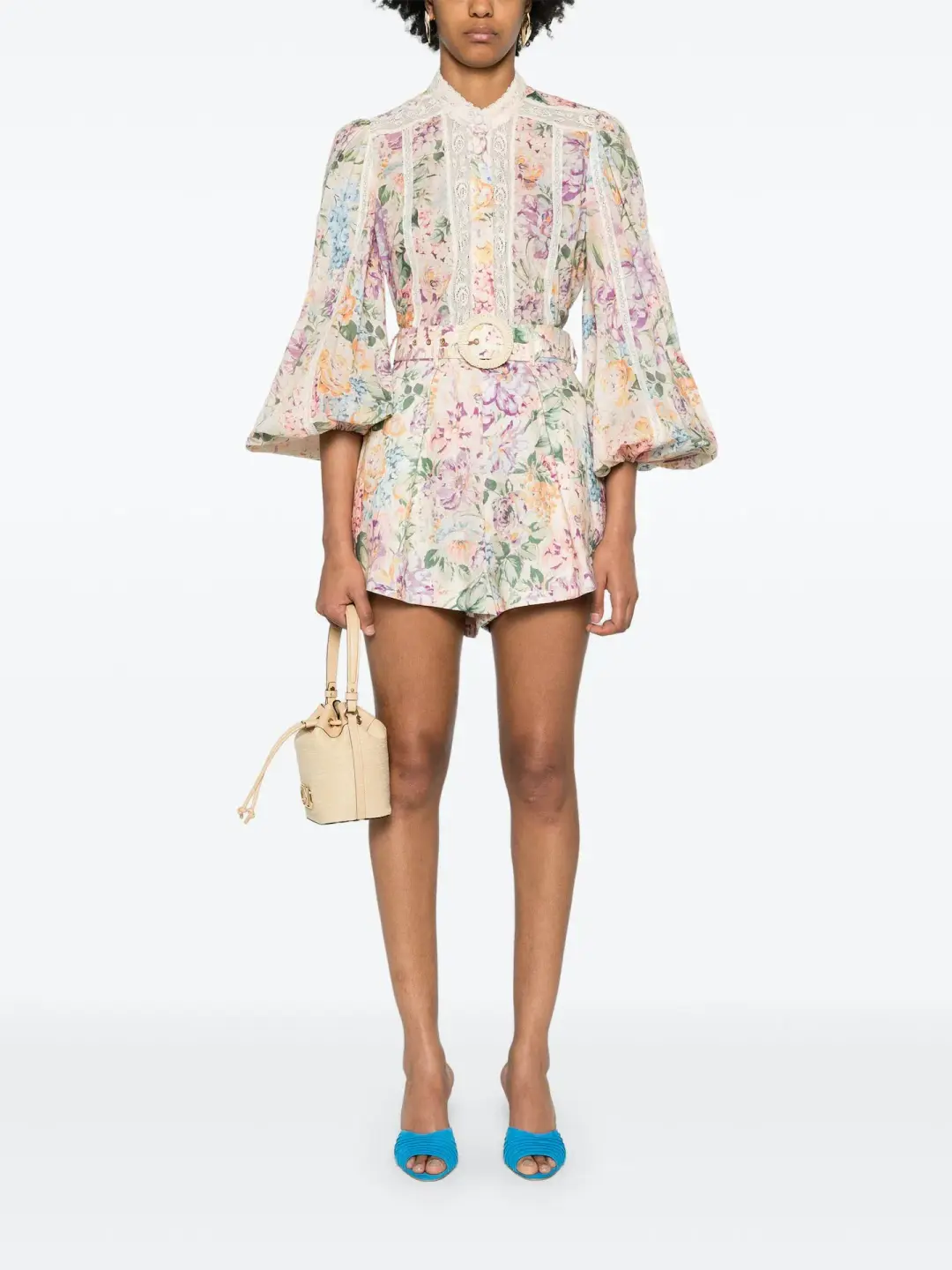 Zimmermann Halliday Lace Trim Shirt and Tuck Shorts Set Multi Watercolour Floral Size 0 / AU 8 for rent on The Volte - main image
