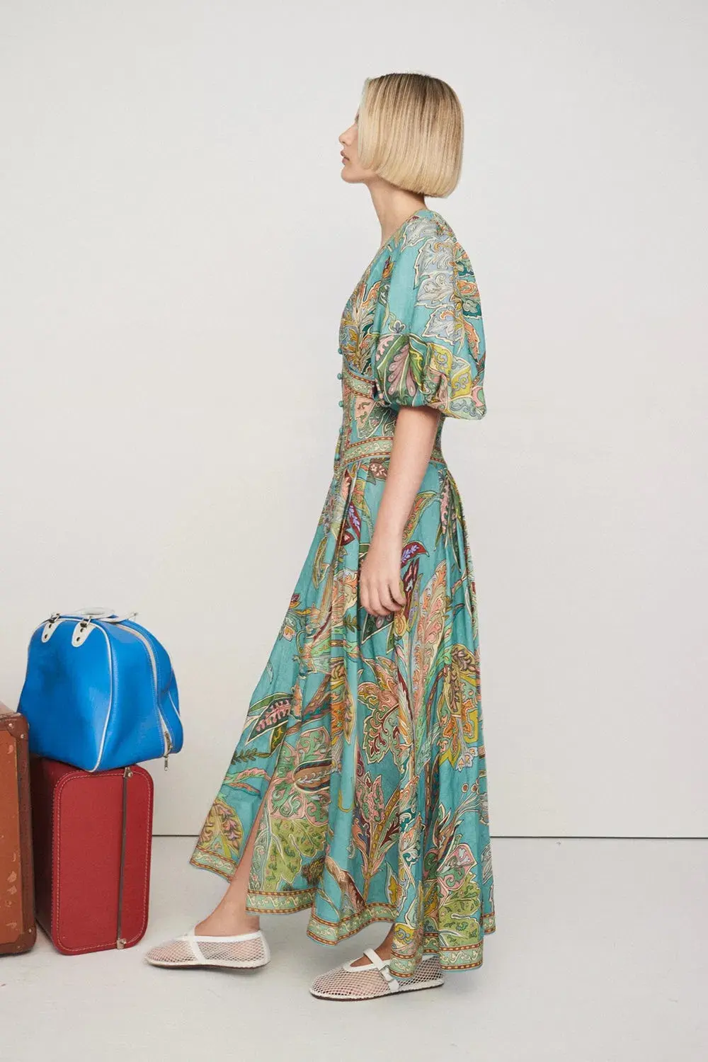 Alemais Franca Linen Midi Dress Green Multi Size AU 12 for rent on The Volte - main image